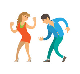 Fototapeta na wymiar Dancing people at party isolated dancers clubber vector. Couple hobby, man and woman moving bodies on sounds of music song. Happy adults relaxing