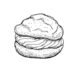 Bun. Illustrations for coffee houses or cafes. Hand drawn vector illustration. Monochrome black and white ink sketch. Isolated on white background. Coloring page.