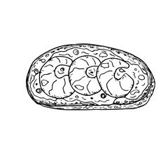 Sandwich. Hand drawn vector illustration. Monochrome black and white ink sketch. Line art. Isolated on white background. Coloring page.