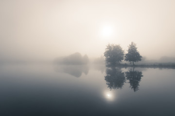paysage de brouillard sur le lac d'autun