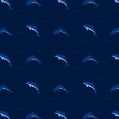 A seamless pattern on a blue background of dolphins in the ocean. Colorful illustration, wrapping and packaging vector