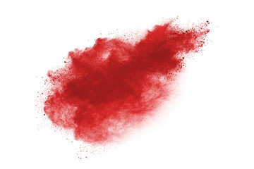 Red powder explosion isolated on white background. Colored cloud. Colorful dust explode. Paint Holi.