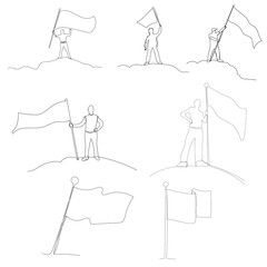 Fototapeta na wymiar vector, isolated, drawing a continuous line a man with a flag, set