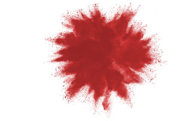 Red powder explosion isolated on white background. Colored cloud. Colorful dust explode. Paint Holi.