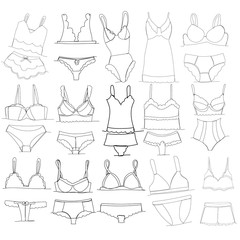set, simple drawing of a continuous line of lingerie