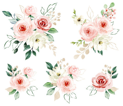 Set watercolor flowers hand painting, floral vintage bouquets with pink and white roses. Decoration for poster, greeting card, birthday, wedding design. Isolated on white background.
