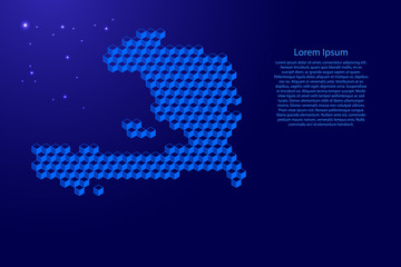 Haiti map from 3D classic blue color cubes isometric abstract concept, square pattern, angular geometric shape, glowing stars. Vector illustration.
