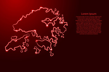 Hong Kong map from the contour red brush lines different thickness and glowing stars on dark background. Vector illustration.