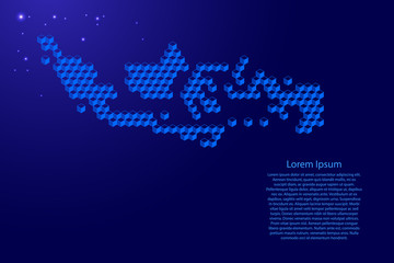 Indonesia map from 3D classic blue color cubes isometric abstract concept, square pattern, angular geometric shape, glowing stars. Vector illustration.