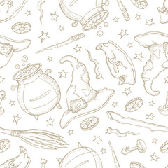 Seamless pattern of Magician and alchemy tools: skull, crystal, roots, potion, feather, mushrooms, hat. Halloween collection of witchcraft tools. Hand drawn vector illustration on white background