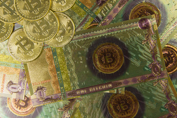 Obraz na płótnie Canvas banknote and coin of bitcoin cryptocurrency