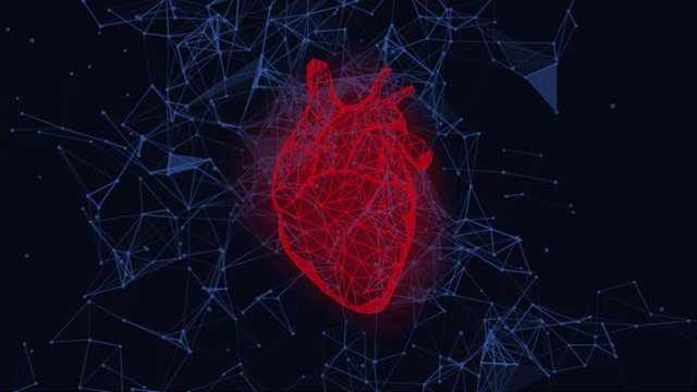 Futuristic medical animation with red human heart and cardiogram. Abstract geometric design with plexus effect on dark background. Healthcare and cardiology