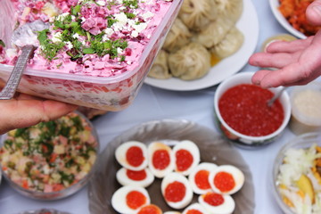 Russian feast. Traditional new year's dishes.