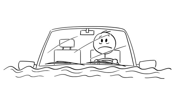 Vector cartoon stick figure drawing conceptual illustration of man or driver driving car in water flood, or sitting stunned in car after traffic accident fallen in river or lake.