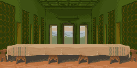 Pixelart Last Supper. Background. 8 bit illustration. An masterpiece. Empty room. Big table