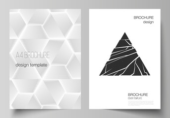 Vector layout of A4 format modern cover mockups design templates for brochure, magazine, flyer, booklet, report. Abstract geometric triangle design background using different triangular style patterns
