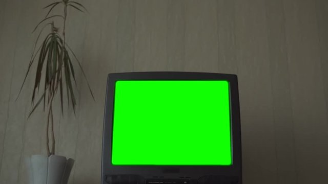 outdated TV-set with green chromakey screen stands near pot plant at wall close low angle shot