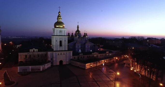 Aerial view of St. Michael's Cathedral and St. Sophia Cathedral at night