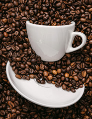 white coffee cup lies in roasted coffee beans of the highest standard