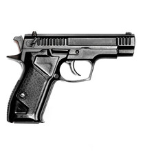 A black gun lies against a white background. Isolated. View from above. Close-up