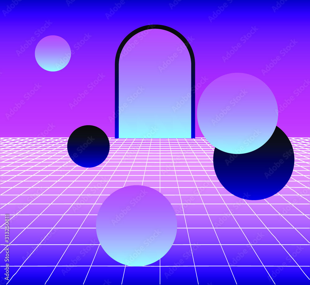 Poster Surreal landscape with neon laser grid and arch. Japanese text means 