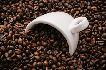 white coffee cup lies in roasted coffee beans of the highest standard