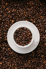 white coffee cup lies in roasted coffee beans of the highest standard