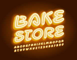 Vector Neon Emblem Bake Store. Bright Stylish Font. Neon glowing Alphabet Letters and Numbers.
