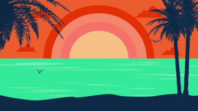 Sunrise on the ocean. In the foreground is a beach with palm trees. 2d illustrated animation