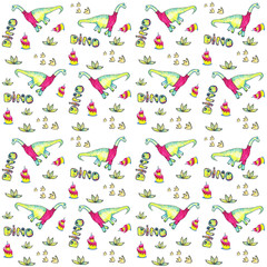 Dinosaur birthday party seamless pattern with birthday cake, sign 