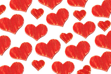 many red hearts made of wood on a white background top view