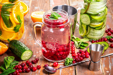 Variety of infused detox water. health concept