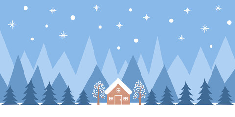 House on hill with beautiful night landscape. Flat design vector template of hill house in winter and blue mountains at night.