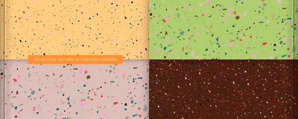 Set of four textures live coral color in the style of terrazzo venziano. Pattern for ceramics marble natural stone abstract background
