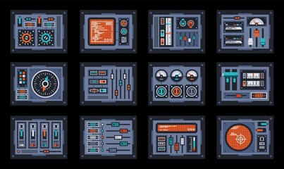 Set of control panel elements for the spaceship. Dashboard devices for the cockpit. Vector illustration.