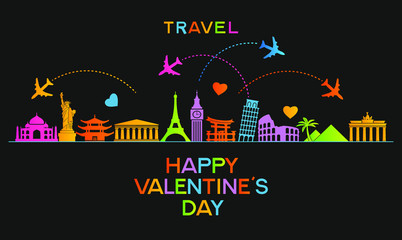 Valentine and tourism background. Colorful template with icons and tourism landmarks. Valentines Day design. 