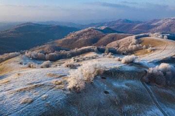Transylvanian winter landscape - drone view.