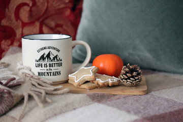 Christmas still life with a mug of tea, ginger cookies and tangerine, on a warm cozy plaid background