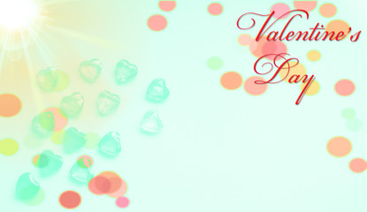 Photo greeting card in a horizontal position. Small crystal hearts of various colors. With space for text. And the inscription: Valentine's Day.