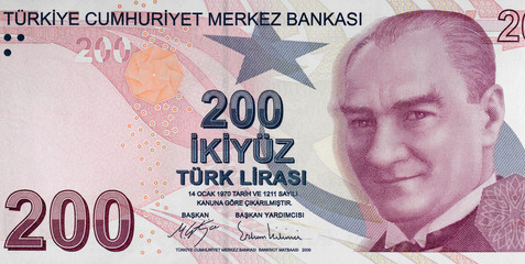 Turkish 200 lira note. Turkey currency, money. - obrazy, fototapety, plakaty