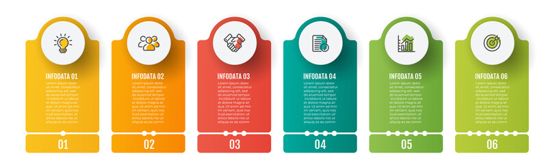 Business infographics template. Timeline with 6 steps, label and marketing icons. Vector illustration.