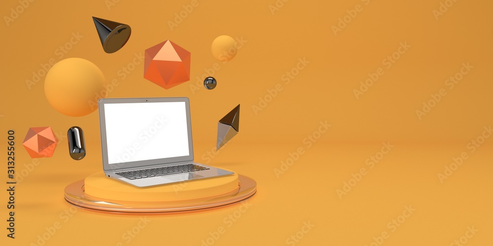 Aufkleber minimal mock up composition with laptop and geometry figures on podium 3d render