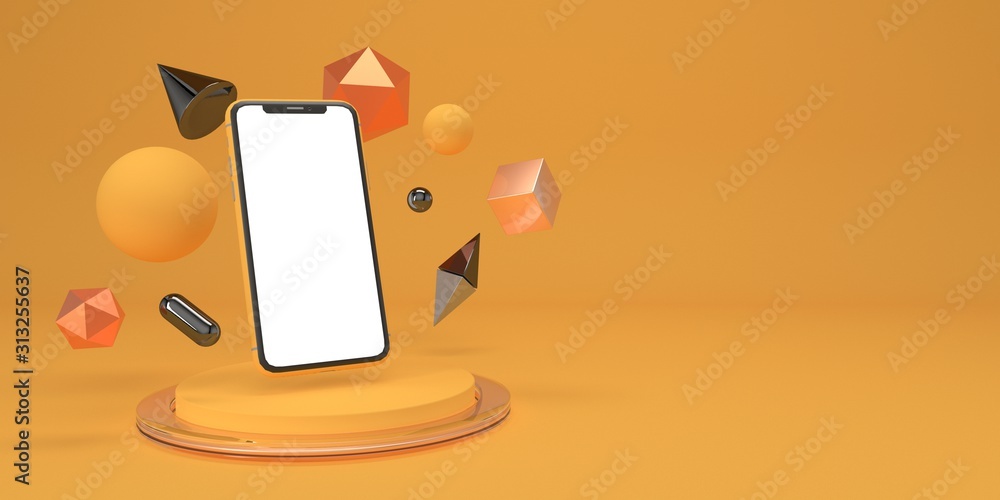 Aufkleber minimal mock up composition with smartphone and geometry figures on podium 3d render