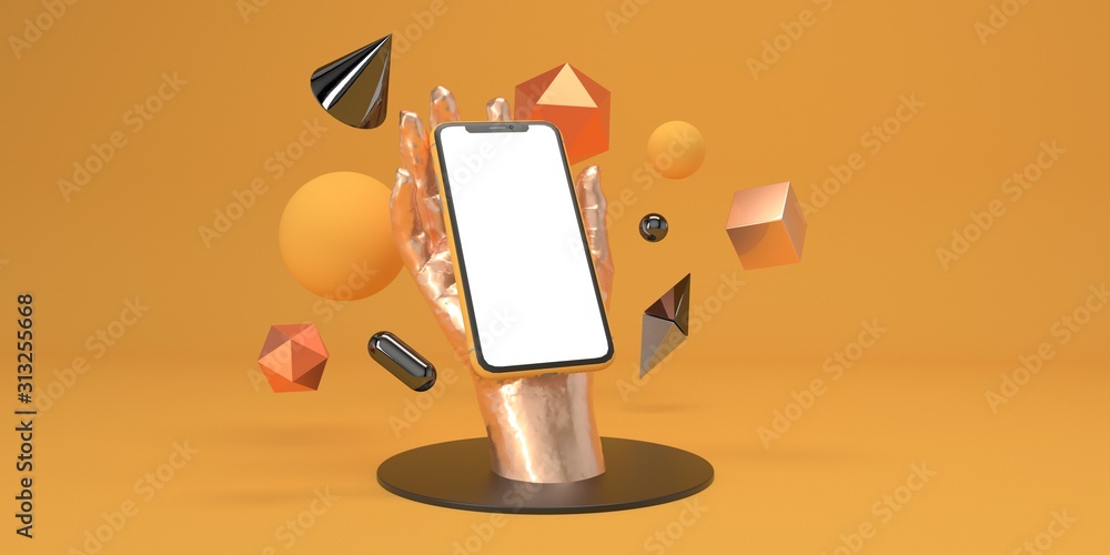Aufkleber minimal mock up composition with smartphone on hand and geometry figures on podium 3d render