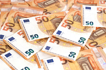 Money background euro cash banknotes 50 euro notes frame composition.