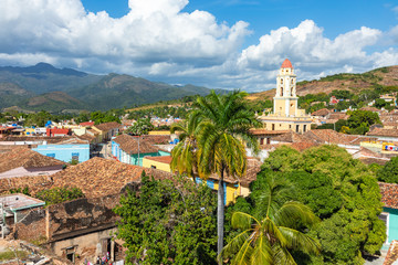 Fototapeta na wymiar Trinidad, panoramic skyline with mountains and colonial houses. The village is a Unesco World Heritage and major tourist landmark in the Caribbean Island. Cuba.