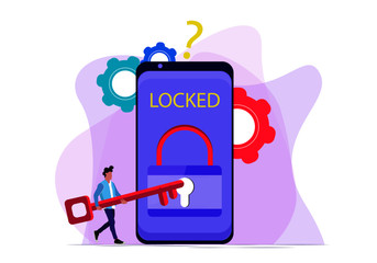 Unlock smartphone. flat style mobile phone with closed lock, key in character hand to unlock. Concept of mobile security, technology, protection, safety and authorization process vector illustration