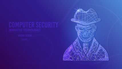 Cyber thief. Anonymous hacker. geometric lines, low poly style wireframe vector banner template. Isolated medicine science technology concept blue background.