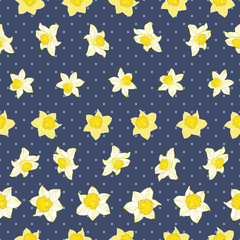 Seamless daffodil pattern on blue polka dots background