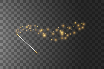 Golden Magic wand. Vector illustration. Isolated on transparent background.